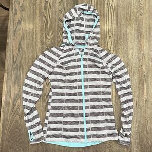 Lukka Zip Up Long Sleeve Hoodie Jacket Striped Gray Black Aqua Size M